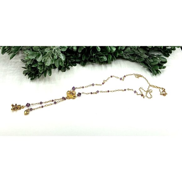 Gold 14Kt GF tone Lariat Necklace With Purple Beads and Heart Charm - Picture 2 of 5